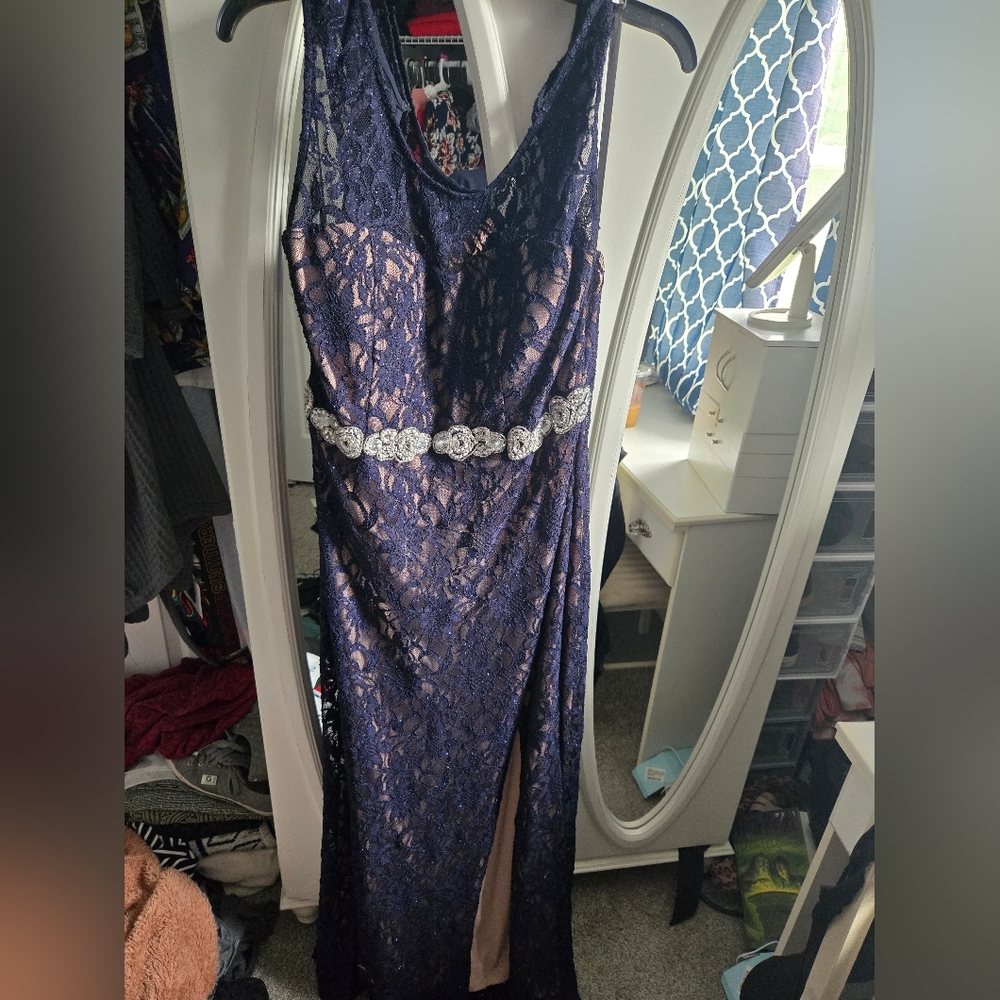 Deb Navy Lace Prom Dress with Silver Accents